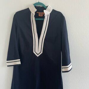 Tory Burch Sheath Dress Womens 12 Navy 3/4 Sleeve Above Knee Notch Neck-EUC